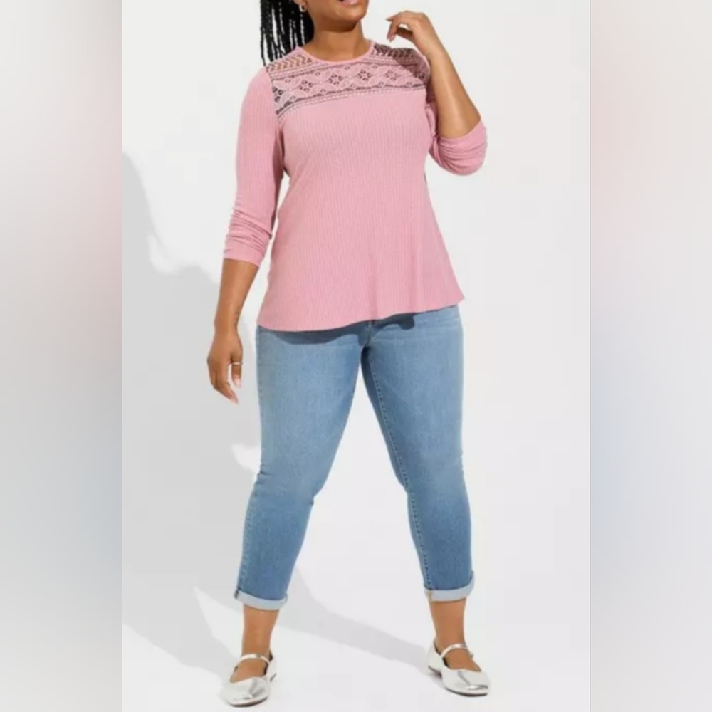 NWT 3X TORRID Blush Waffle Crochet Yoke Long Sleeve Top
